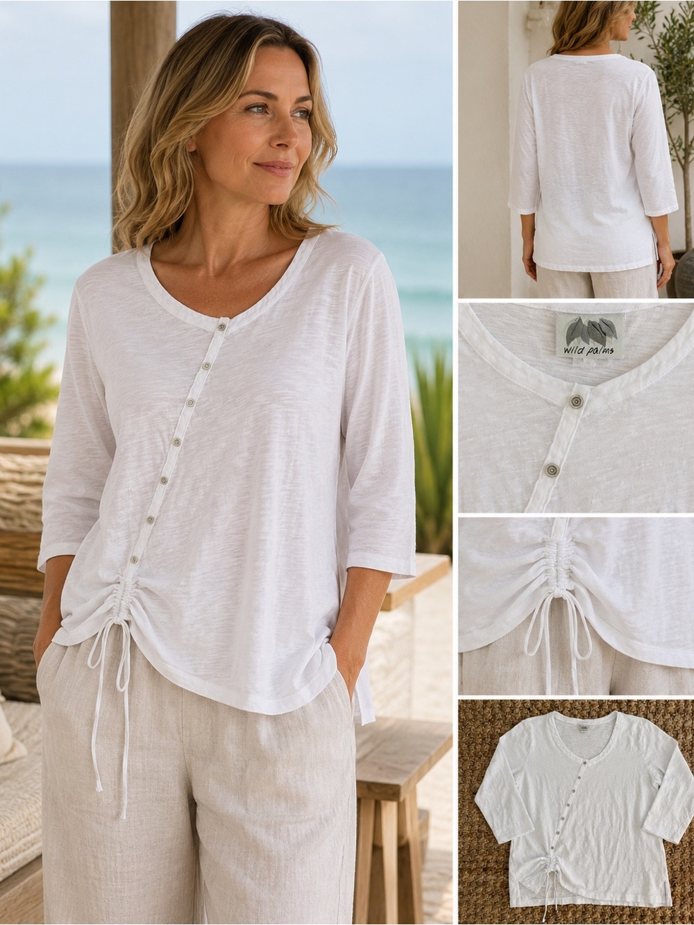 Wild Palms White Slub Cotton Asymmetrical Boho Button Top Ruched Hem L